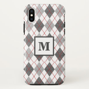 Argyle Plaid Red Gray Silver Custom Monogram iPhone X Case