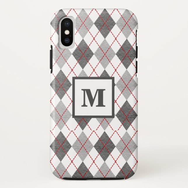 Argyle Plaid Red Gray Silver Custom Monogram Case-Mate iPhone Case (Back)