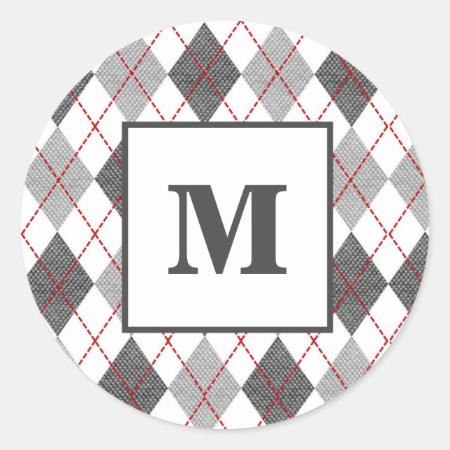 Argyle Plaid Red Gray Silver Custom Monogram Classic Round Sticker (Front)