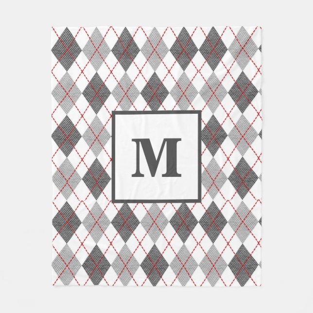 Argyle Plaid Red Gray Silver Custom Monogram Fleece Blanket (Front)