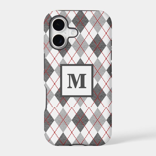 Argyle Plaid Red Gray Silver Custom Monogram Iphone Case (Back)