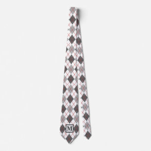 Argyle Plaid Red Gray Silver Custom Monogram Neck Tie