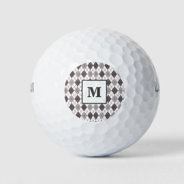 Argyle Plaid Red Gray Silver Golf Custom Monogram Balls (Front)