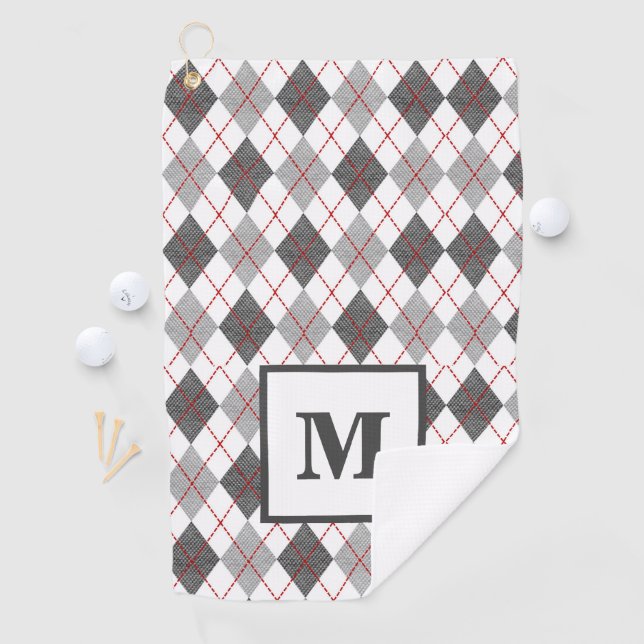Argyle Plaid Red Gray Silver Golf Custom Monogram Towel (InSitu)