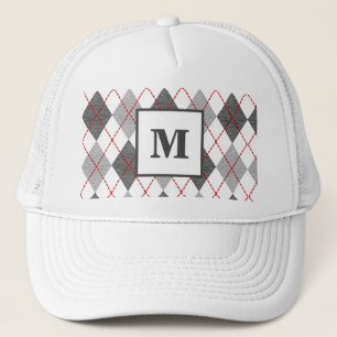 Argyle Plaid Red Gray Silver Golf Custom Monogram Trucker Hat