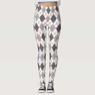 Argyle Plaid Red Gray Silver Leggings