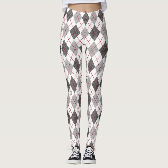 Argyle Plaid Red Gray Silver Leggings (Front)