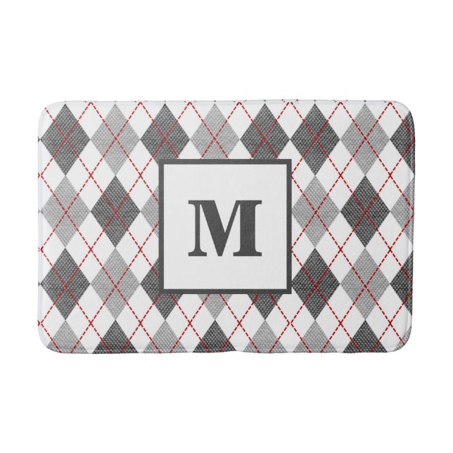 Argyle Plaid Red Gray Silver Monogram Bath Mat (Front)