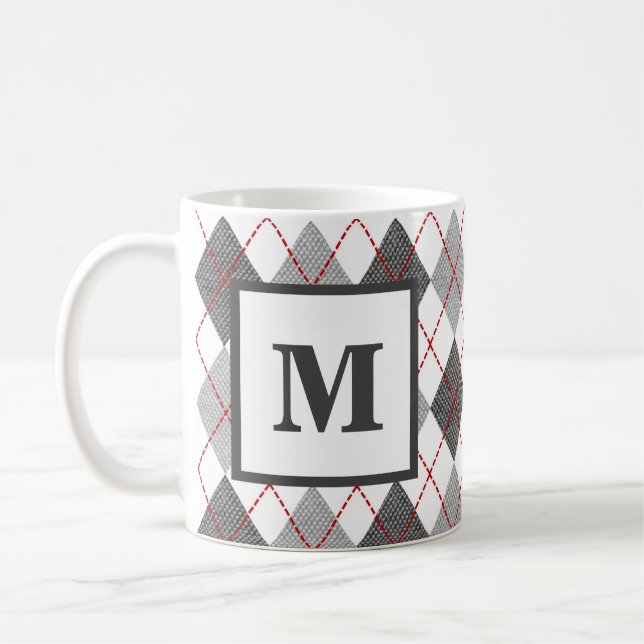 Argyle Plaid Red Gray Silver Monogram Coffee Mug (Left)