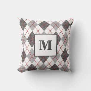Argyle Plaid Red Gray Silver Monogram Initial Throw Pillow
