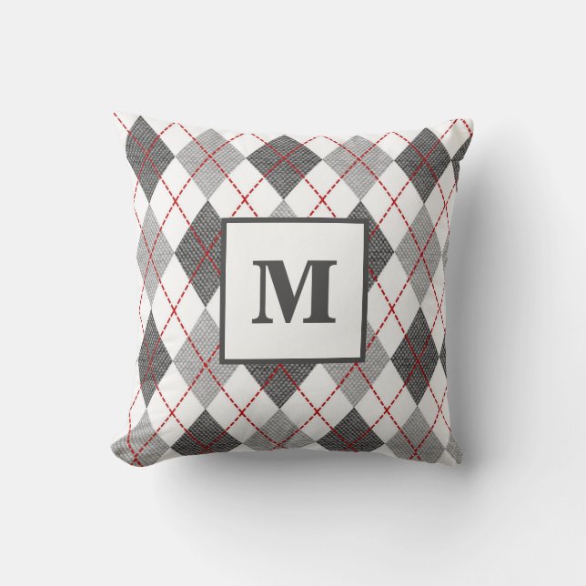 Argyle Plaid Red Gray Silver Monogram Initial Throw Pillow (Front)