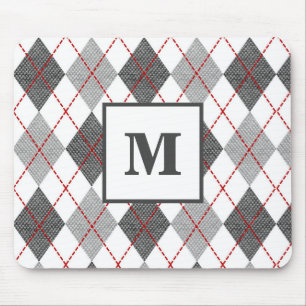 Argyle Plaid Red Gray Silver Monogram Mouse Pad