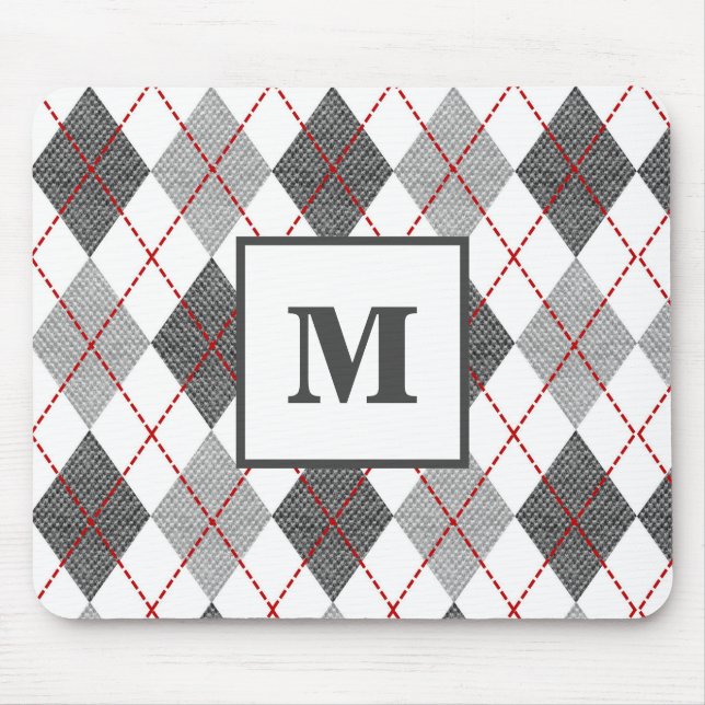 Argyle Plaid Red Gray Silver Monogram Mouse Pad (Front)