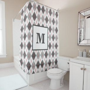 Argyle Plaid Red Gray Silver Monogram Shower Curtain