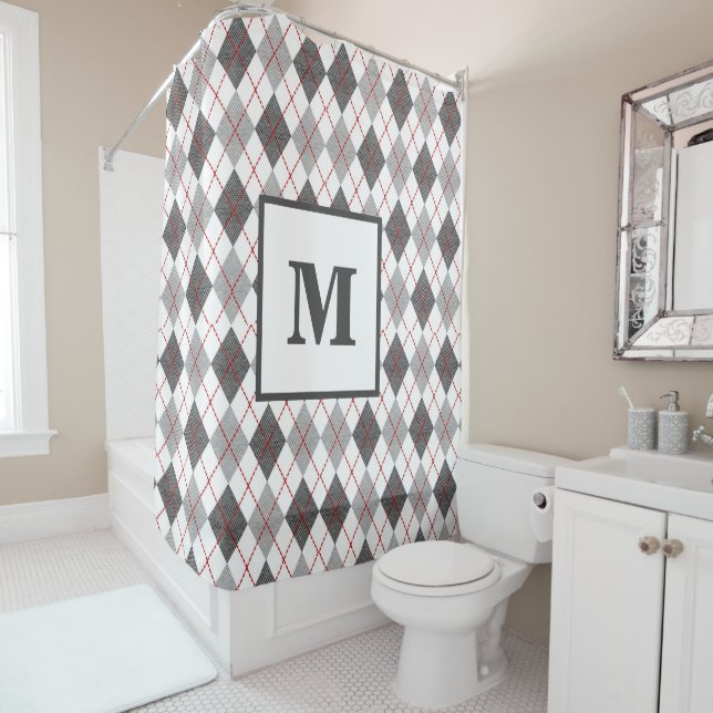 Argyle Plaid Red Gray Silver Monogram Shower Curtain (In Situ)