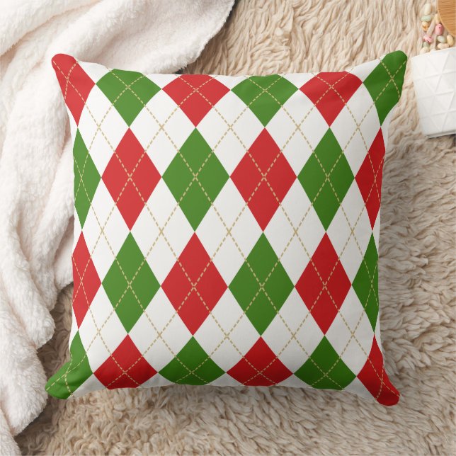 Argyle Red Green White Throw Pillow (Blanket)