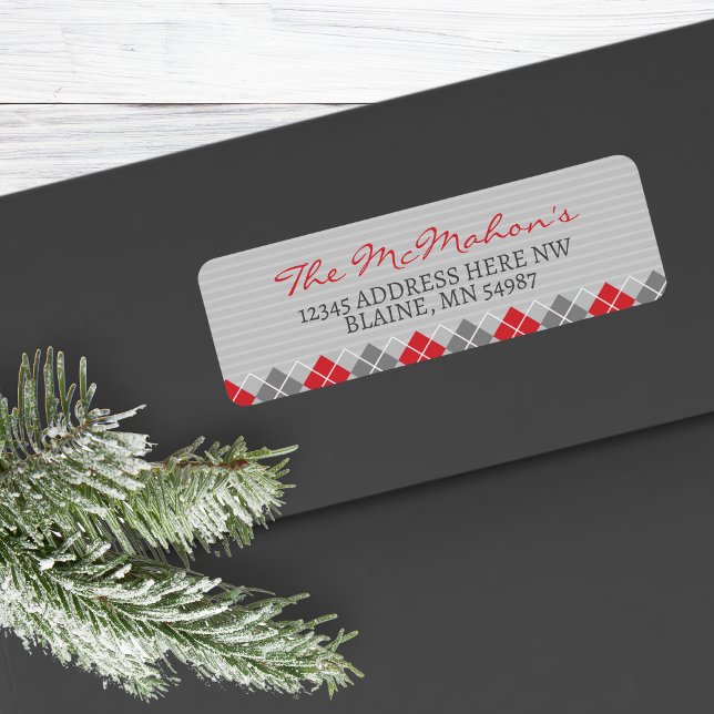 Argyle Red & Grey Holiday Return Address Labels (Modern Elegant Argyle Christmas Return Address Labels for Holiday Greeting Cards & More!)