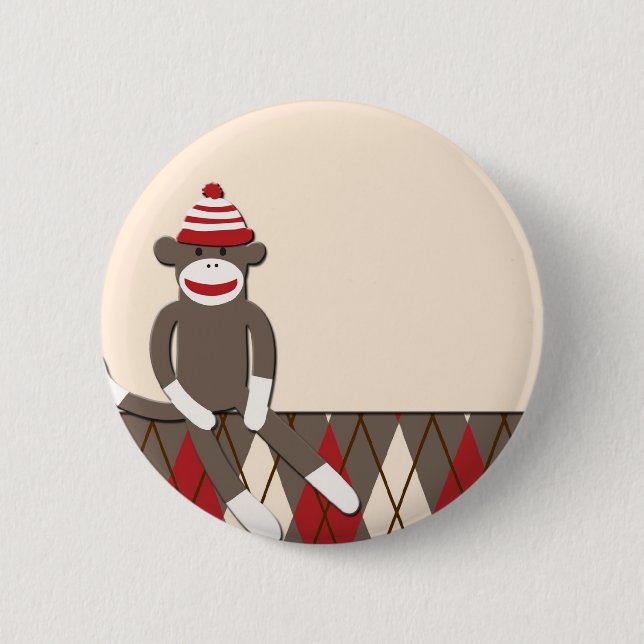 Argyle Sock Monkey Pinback Button (Front)
