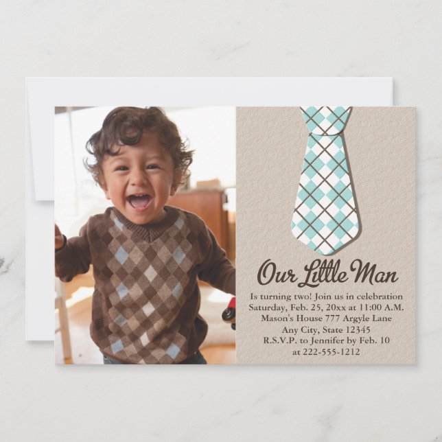 Argyle Tie Little Man Photo Birthday Invitations (Front)
