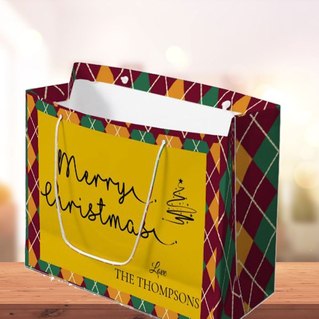  Argyle Yellow Orange Green Script Merry Christmas Large Gift Bag (Argyle Yellow Orange Green Script Merry Christmas Large Gift Bag)