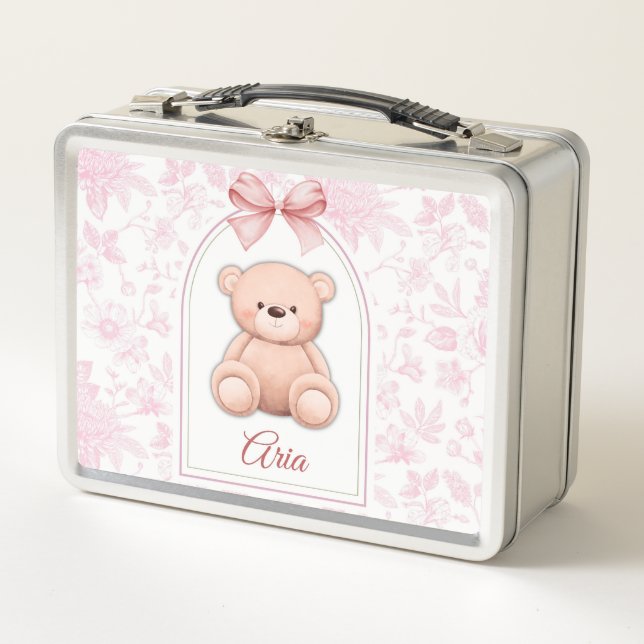 Aria | Custom Pink Teddy Bear Nursery Design  Metal Lunch Box (Front)