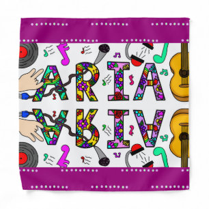 Aria, Girl's Name Whimsical Flowers Music Themed  Bandana