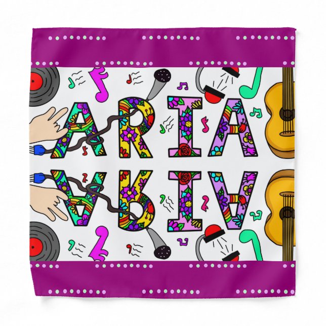 Aria, Girl's Name Whimsical Flowers Music Themed  Bandana (Front)