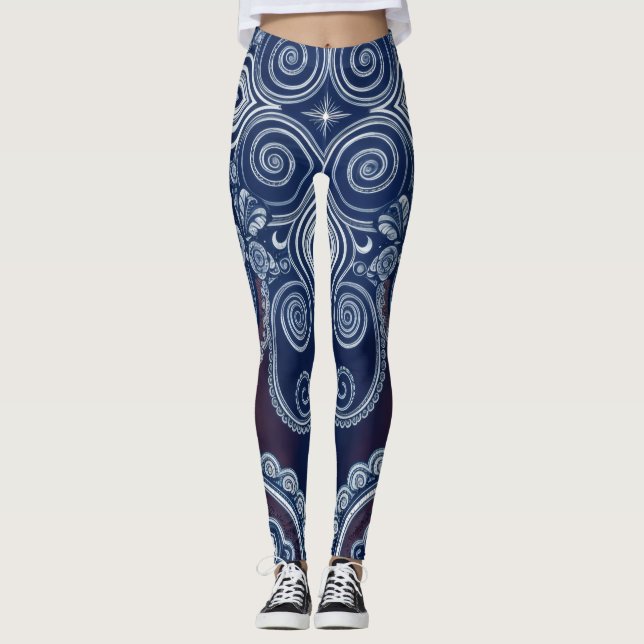 Aria Grace Cobalt Rose Paisley Heritage Pattern Leggings (Front)