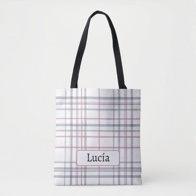 Aria Grace Frost & Sky Nordic Plaid Pattern Name Tote Bag (Front)