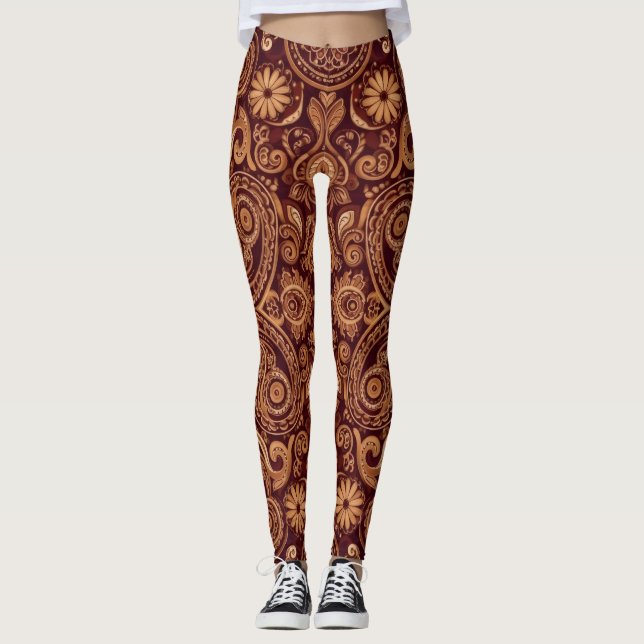 Aria Grace Maroon Daisy Paisley Embroidery Pattern Leggings (Front)