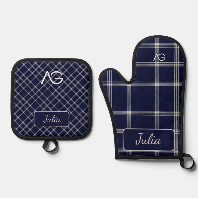 Aria Grace Midnight Elegance Luxe Plaid Pattern  Oven Mitt & Pot Holder Set (Front)