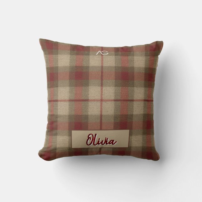 Aria Grace Olive & Wheat Rustic Plaid Pattern Name Throw Pillow (Front)