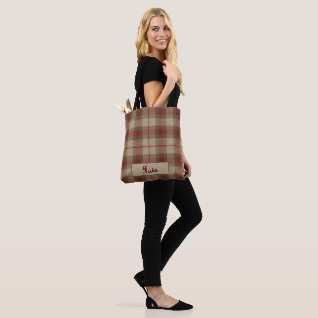 Aria Grace Olive & Wheat Rustic Plaid Pattern Name Tote Bag (On Model)