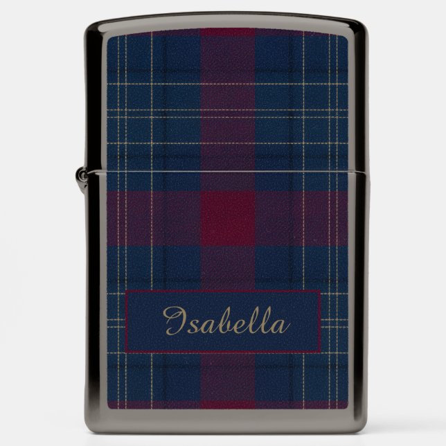Aria Grace Regal Burgundy Gold Plaid Pattern Name Zippo Lighter (Front)