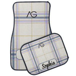 AriaGrace Ivory & Lavender Luxe Plaid Pattern Name Car Floor Mat