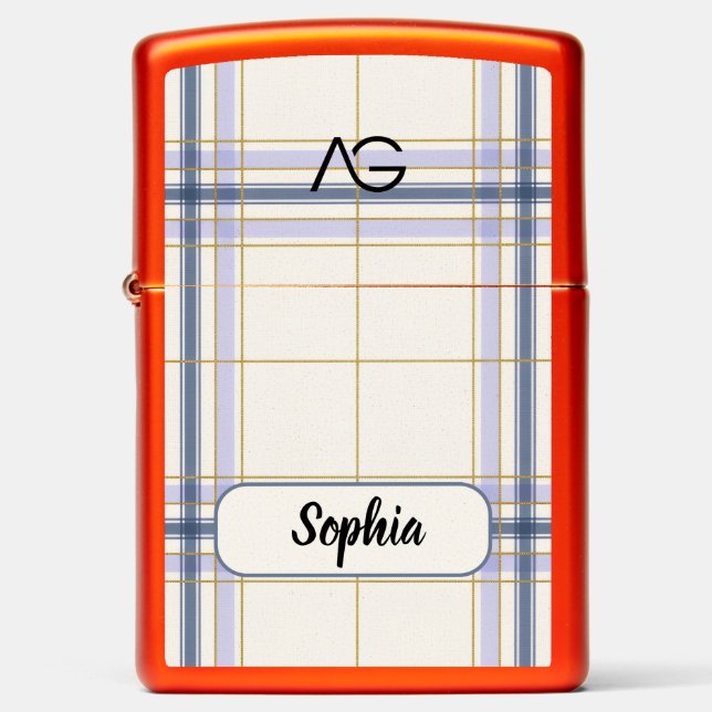 AriaGrace Ivory & Lavender Luxe Plaid Pattern Name Zippo Lighter (Front)