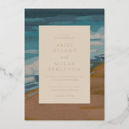 Ariel Abstract Coastal 4 Modern Wedding Foil Invitation