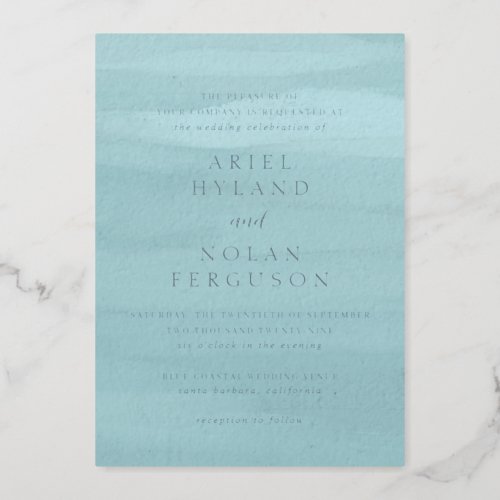 Ariel Blue Abstract Watercolor Modern Wedding Foil Invitation