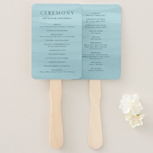 Ariel Blue Watercolor Modern Wedding Program Hand Fan