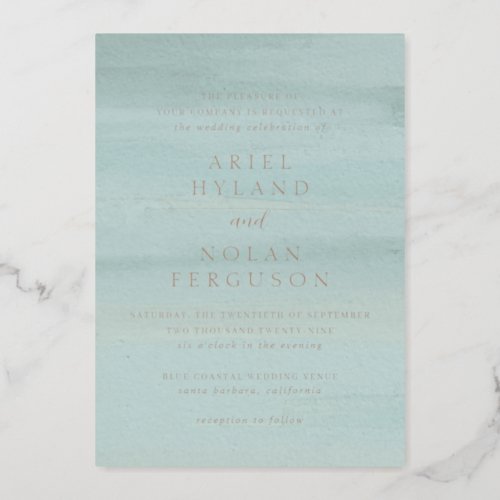 Ariel Green Abstract Watercolor Modern Wedding Foil Invitation