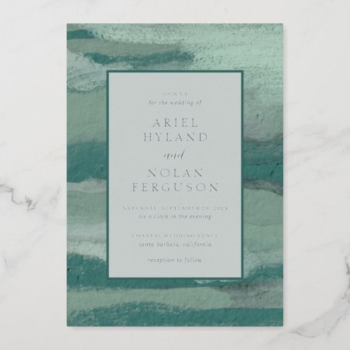 Ariel Teal Green Abstract Coastal Modern Wedding Foil Invitation