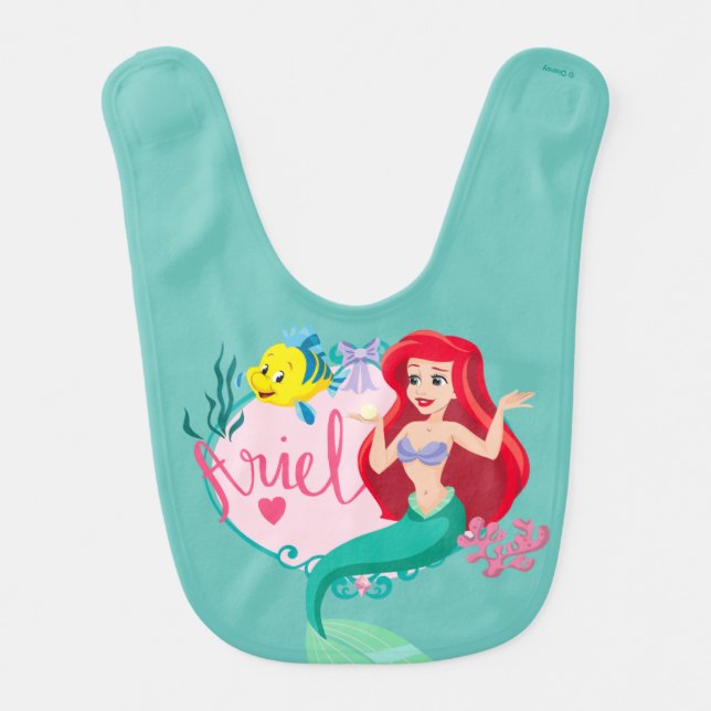 Ariel With Flounder Name Graphic Baby Bib (Front)