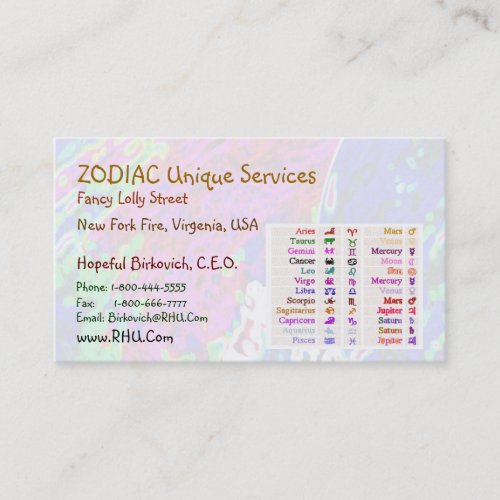 ARIES  all Zodiac Symbols on back Business Card