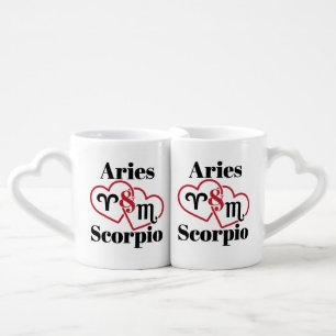 Aries and Scorpio Couple Zodiac Astrology Hearts Coffee Mug Set