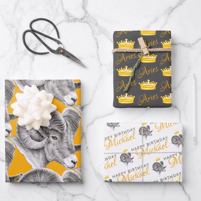 Aries Birthday Zodiac Bighorn Ram Animal art Crown Wrapping Paper Sheets (Front)
