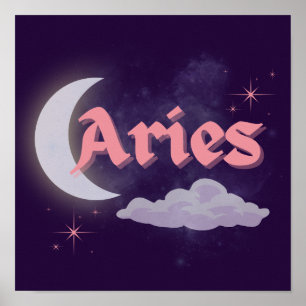 Aries Celestial Moon Cloud Stars Astrology Art Poster