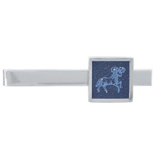 Aries Constellation and Zodiac Sign with Stars Silver Finish Tie Bar