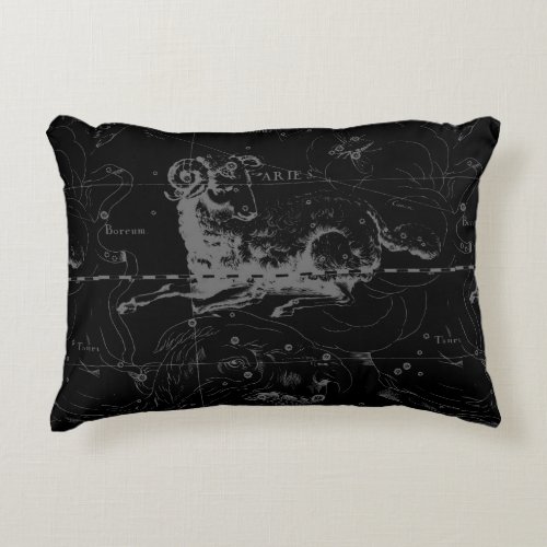Aries Constellation Hevelius Vintage on Black Accent Pillow