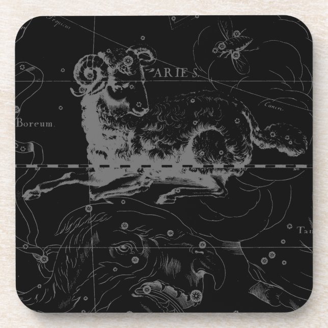 Aries Constellation Hevelius Vintage on Black Beverage Coaster (Front)