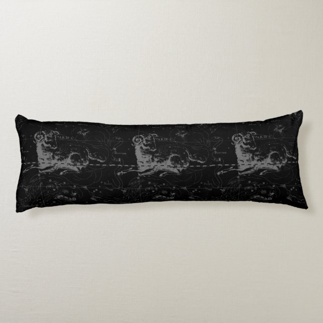 Aries Constellation Hevelius Vintage on Black Body Pillow (Back)